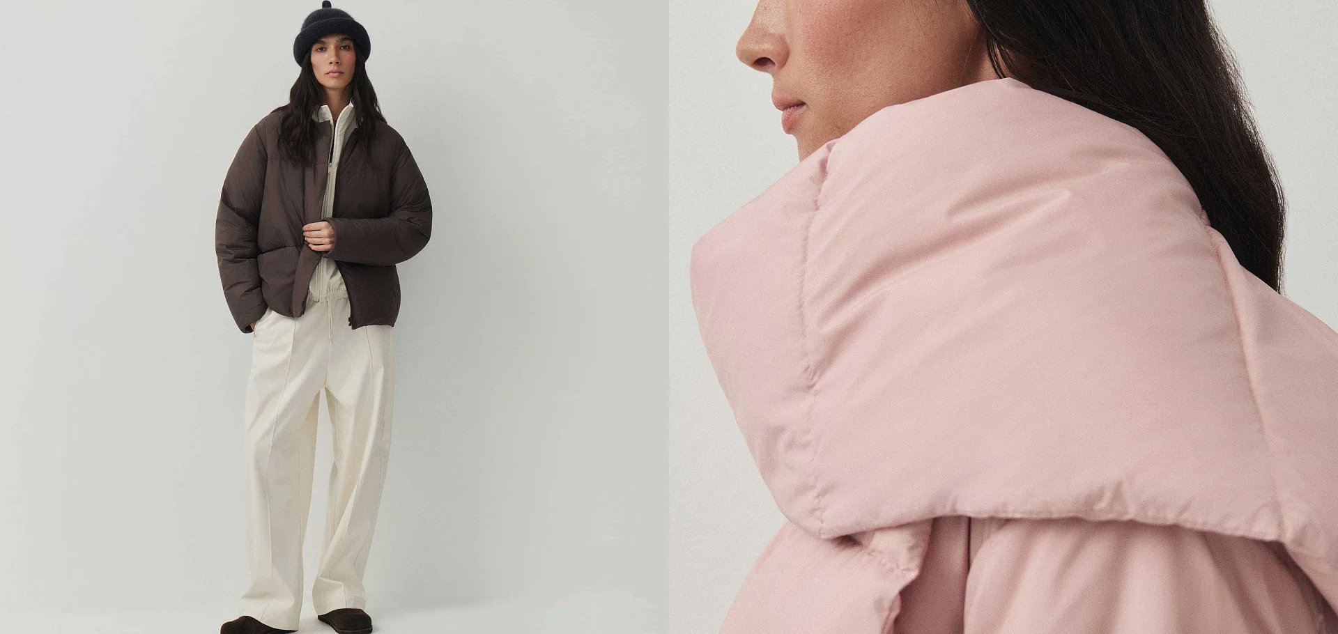 Current Belle You fashion campaign photography showing two views of winter outerwear.