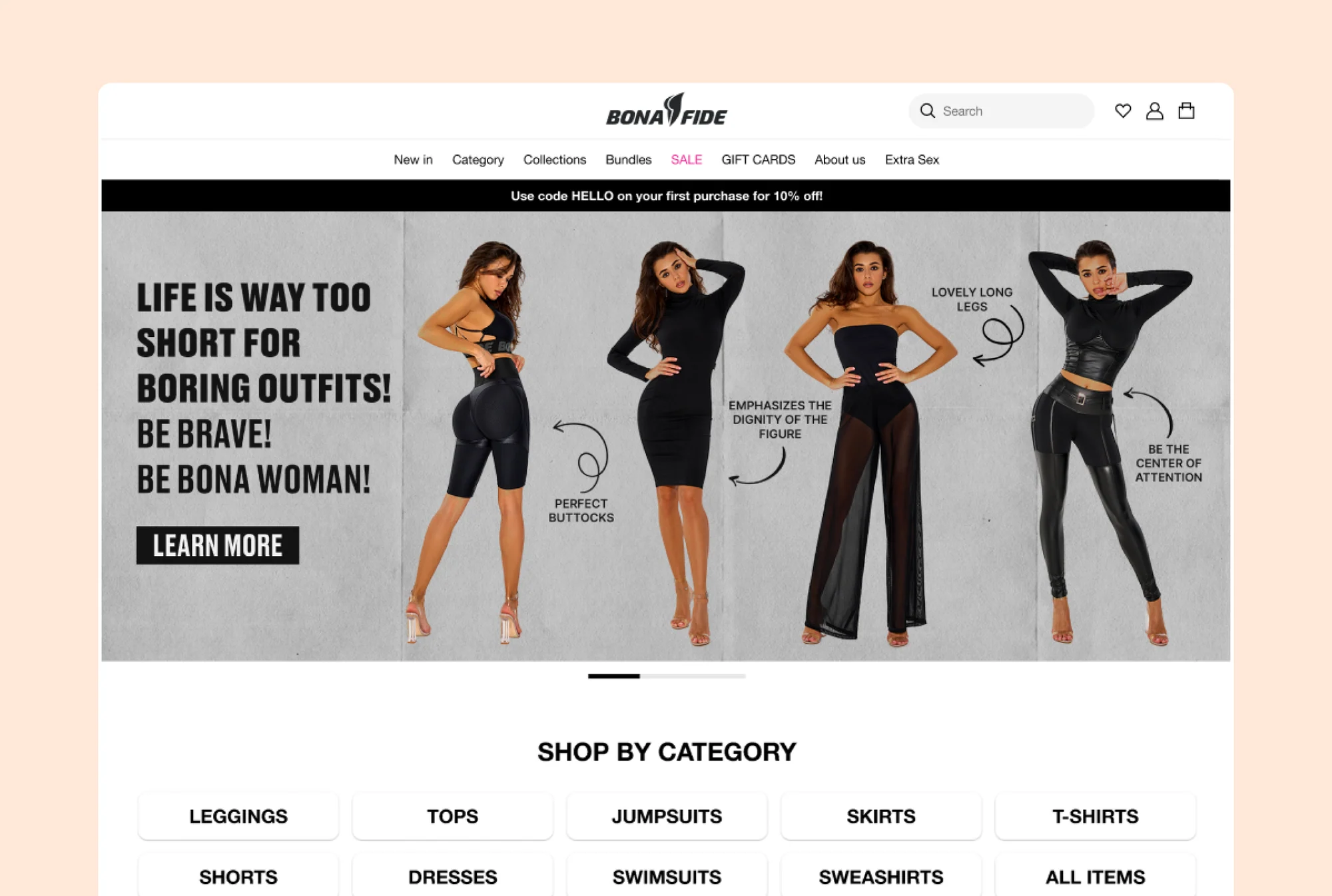 The fashion storefront and its shopping categories.