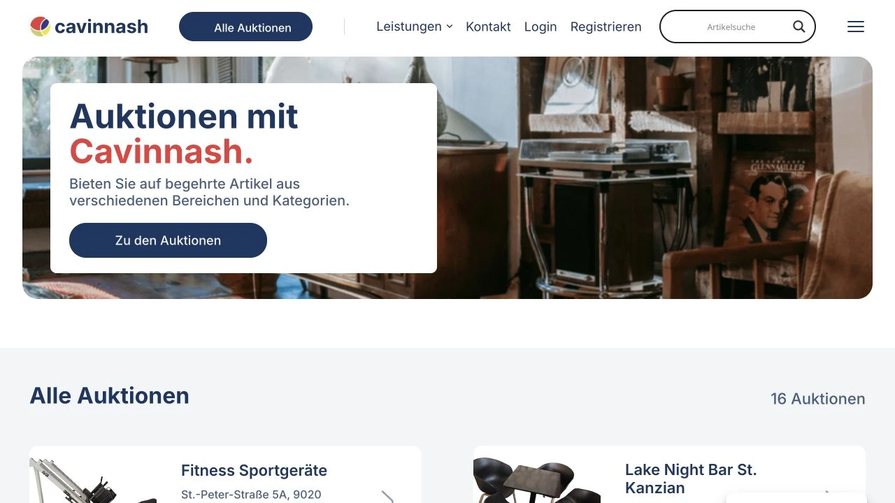 Cavinnash-Auktionsstartseite mit aktueller Auktionsauswahl.