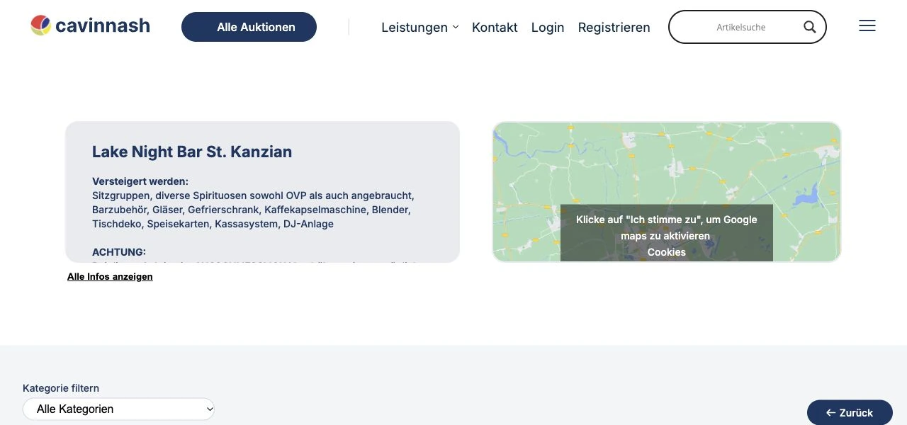 Cavinnash-Auktionslose mit Fotos, Preisen und Restlaufzeit.