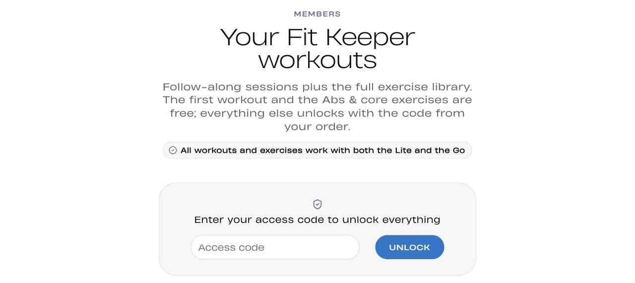 Presentación de la biblioteca de entrenamientos de Fit Keeper con acceso por código.