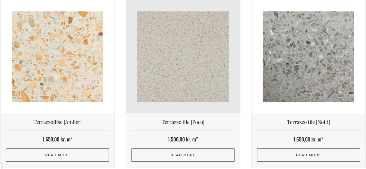 Three terrazzo tile product cards with prices per square metre.