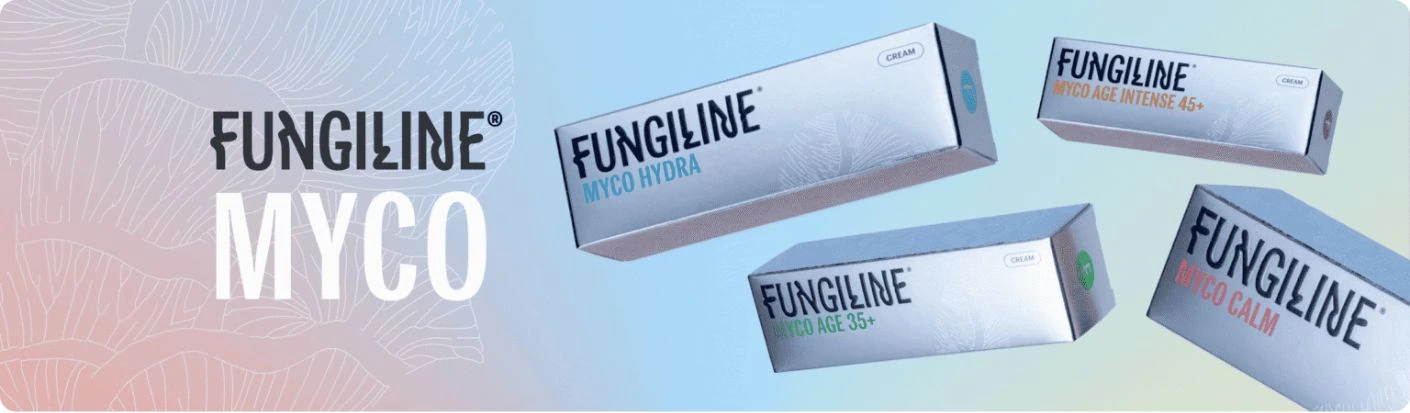 Fungiline MYCO campaign with product packaging on a pastel background.