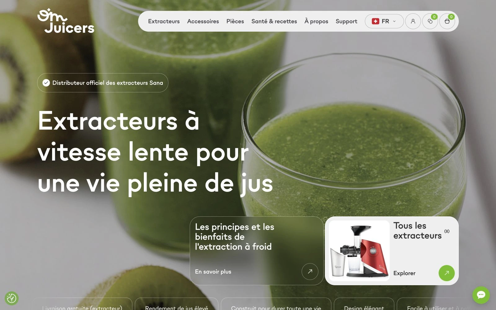 The new OM Juicers homepage with its juice photography and product entry points.