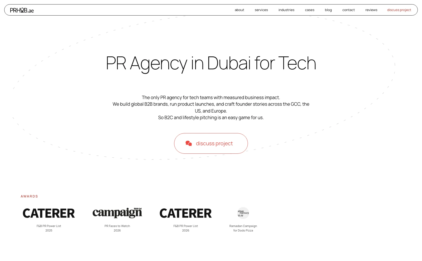 PRHub homepage captured from the public site, with its Dubai technology PR positioning and award section.