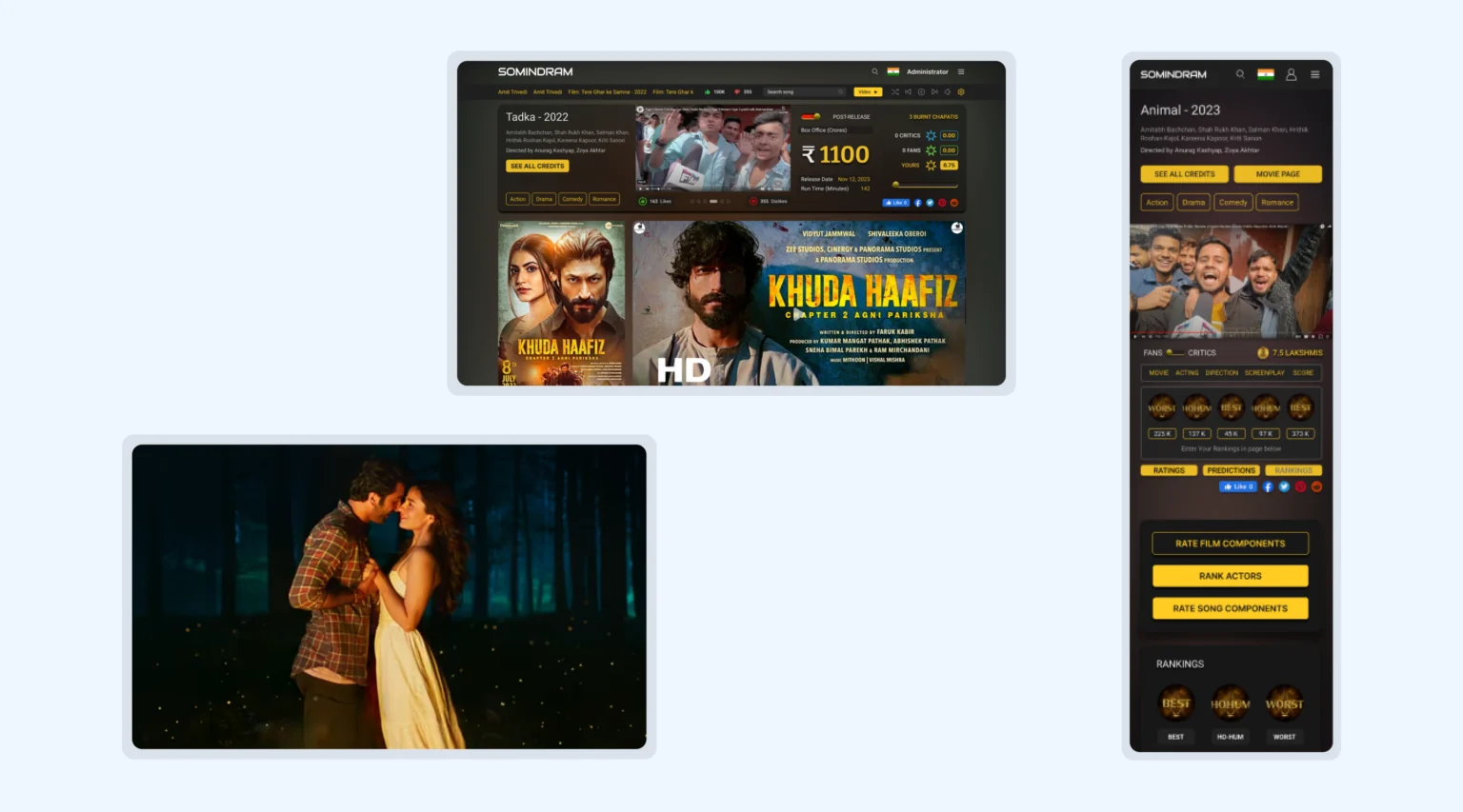 Somindram film pages across desktop and mobile layouts.
