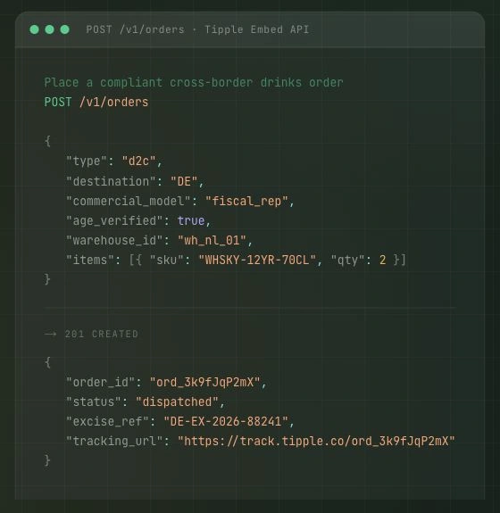 Ejemplo público de la API de Tipple con una solicitud de pedido y su respuesta.