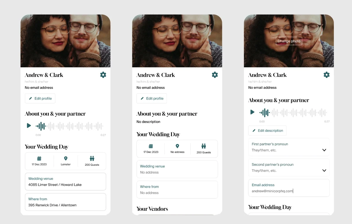 Wendor mobile wedding-planning profile and event preferences.