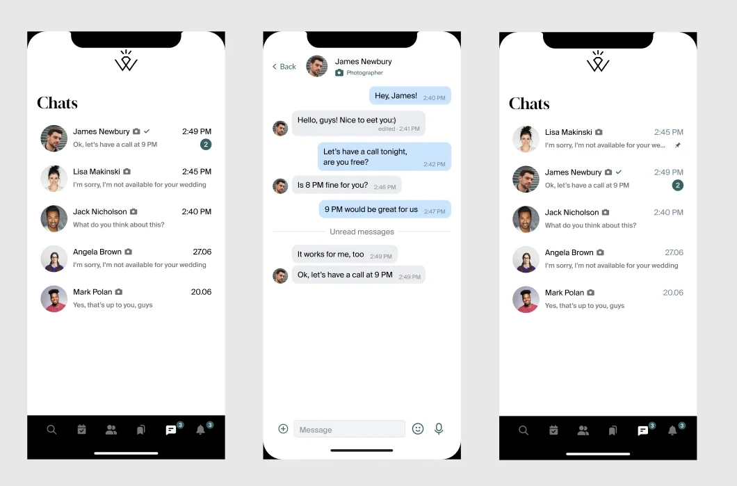 Wendor mobile conversation list and chat screens.