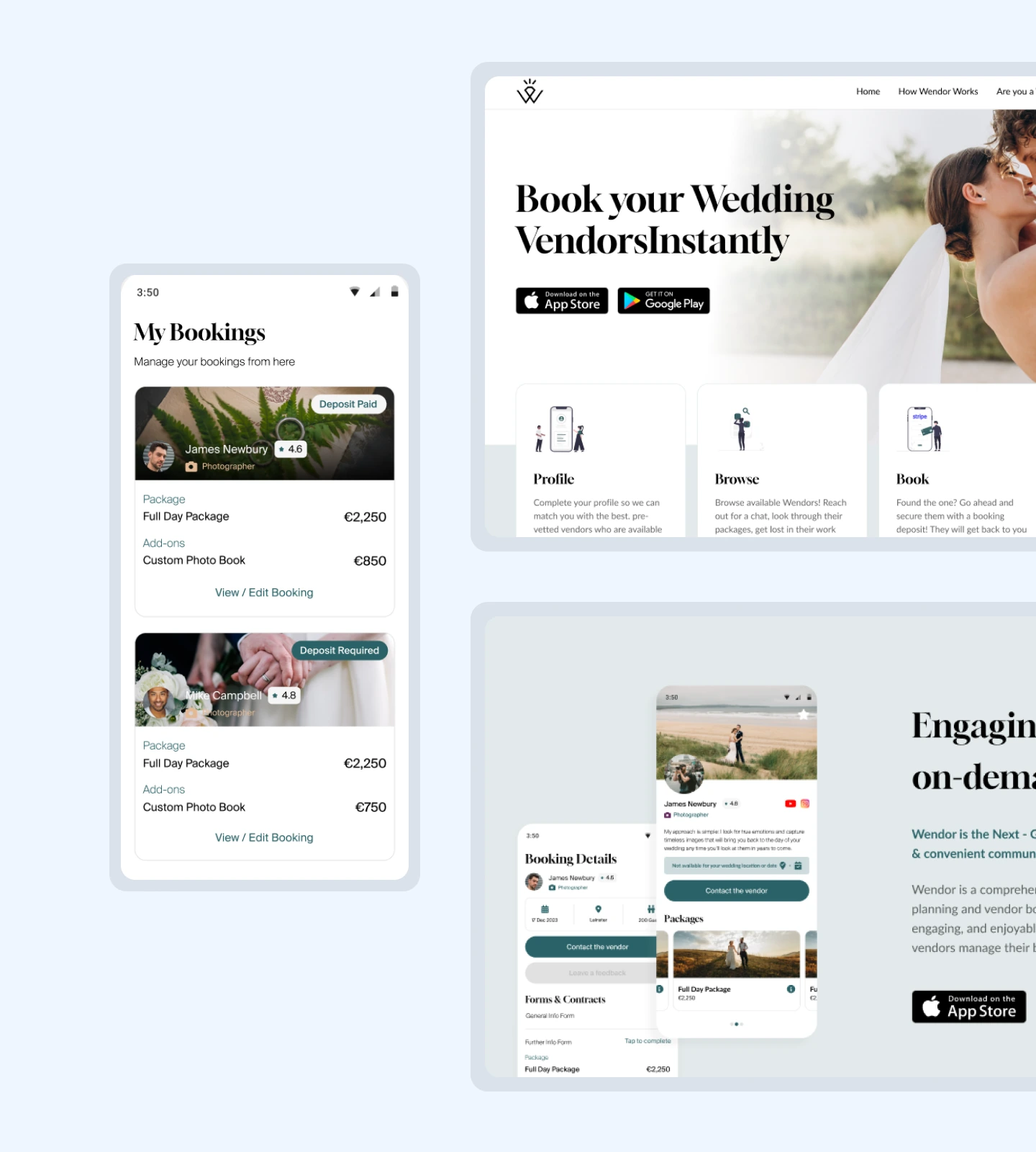 Wendor wedding marketplace shown across its website and mobile booking app.